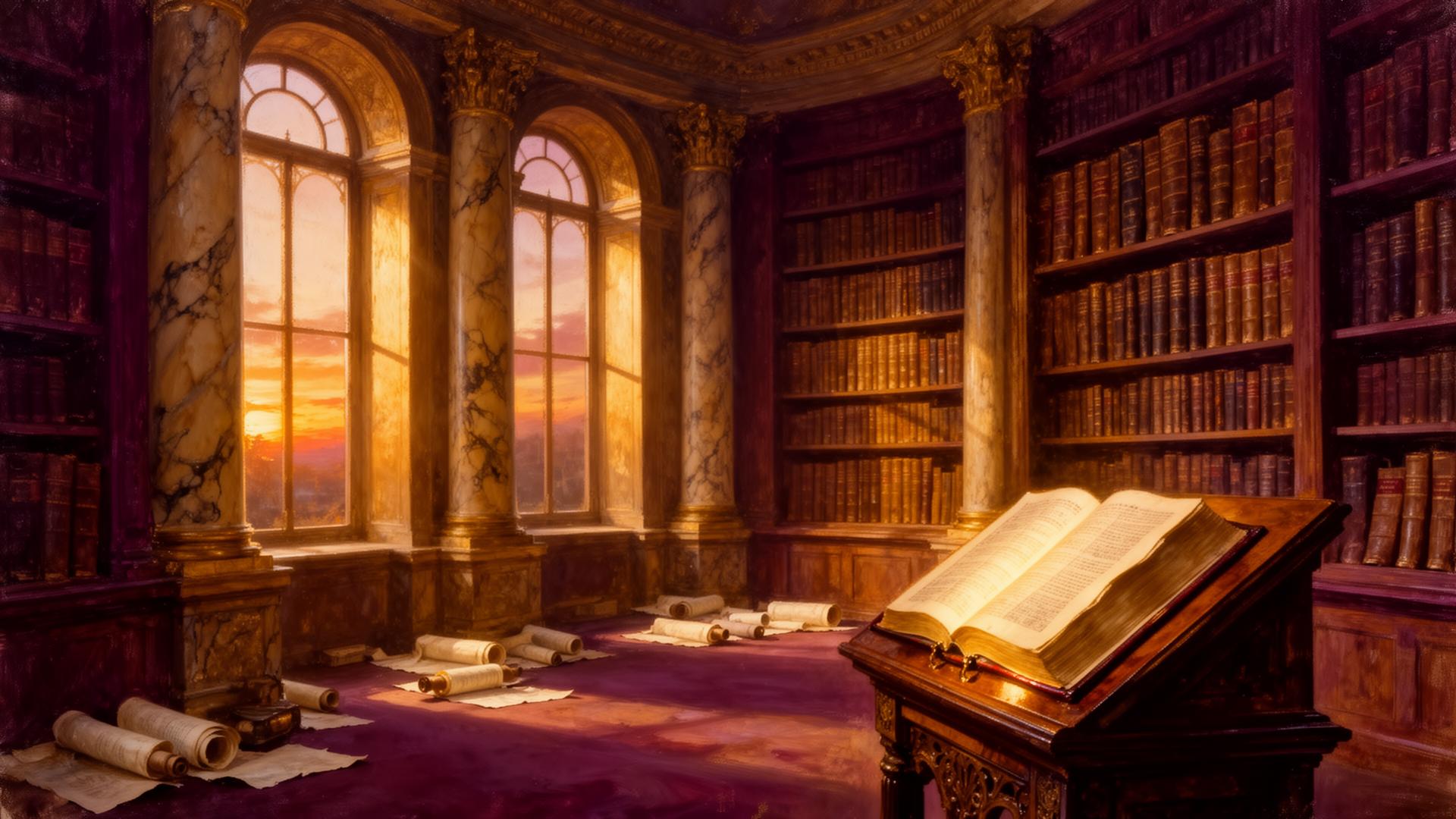 Biblioteca clássica iluminada ao pôr do sol